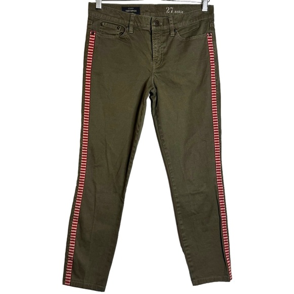 J. Crew Ankle Jeans Olive Cropped Vertical Contrasting Red and White Stripes 27 - Picture 1 of 16